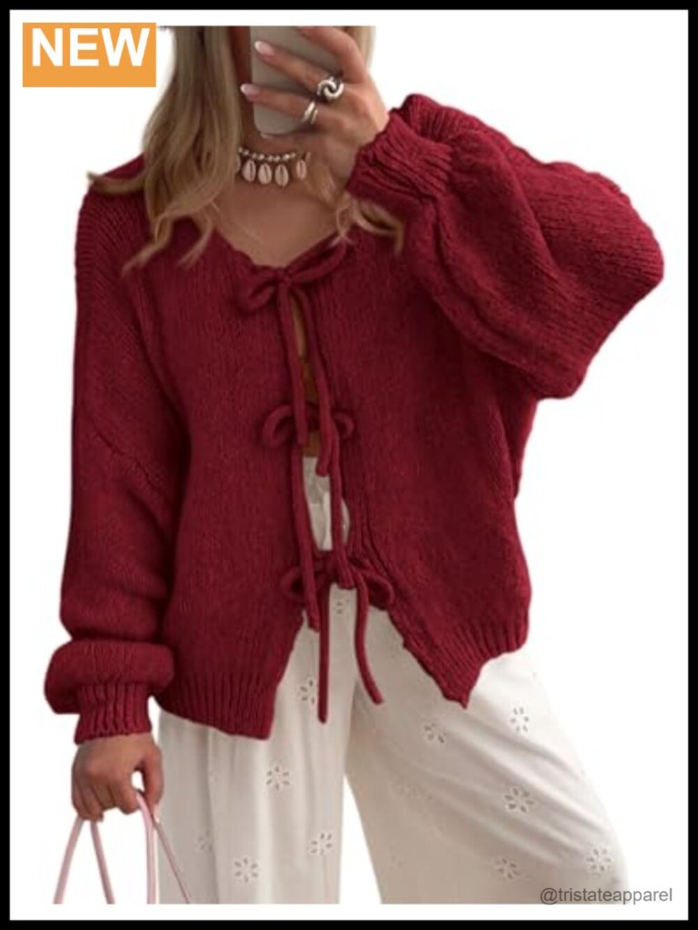 Women's Tie Front Bow Cardigan Sweater Puff Sleeve Open Front Cable Knit
